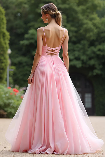 Chic Pink A Line Pleated Chiffon V Neck Bridesmaid Dress